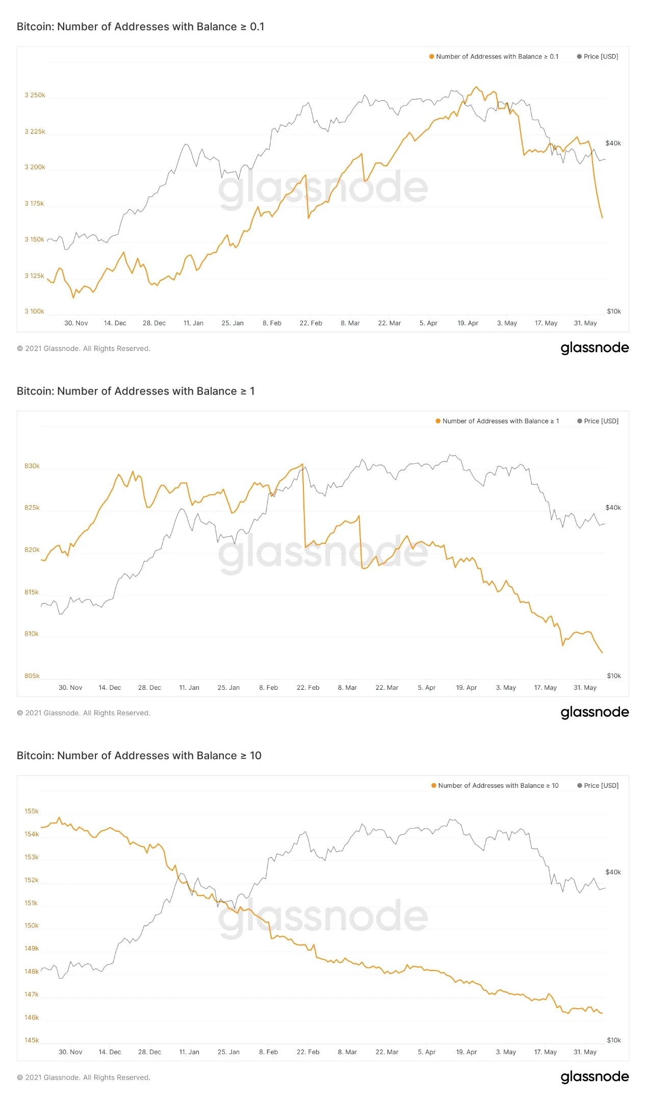 2021年以来持仓大于0.1/1/10 BTC的地址数变化，来源glassnode